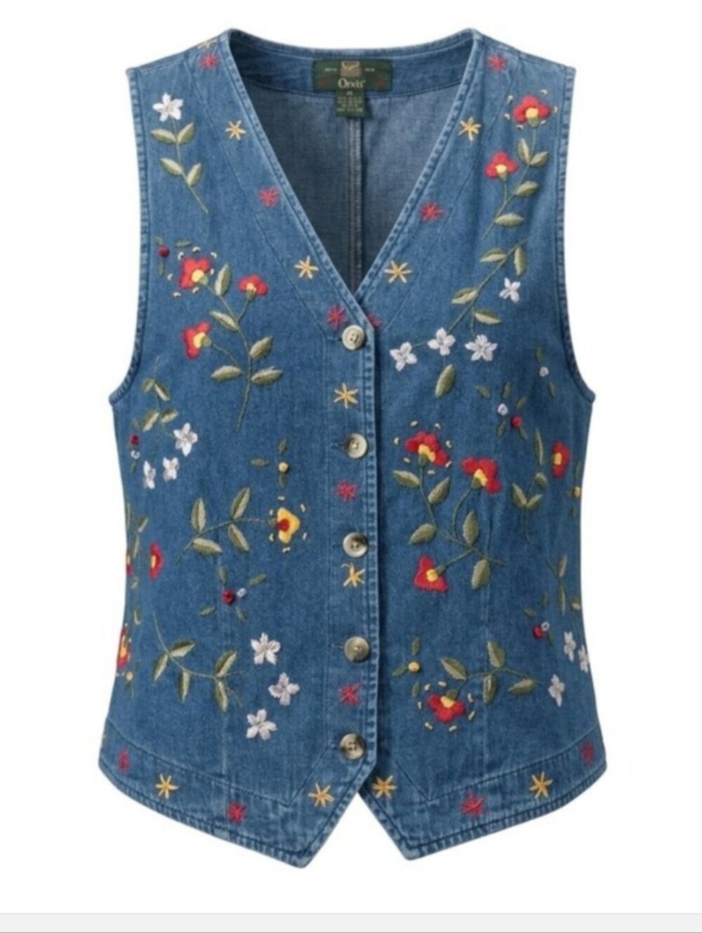Orvis Vintage SZ M Cottagecore Lightweight Denim Floral Embroidered Vest 90's